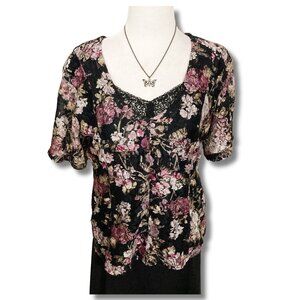 STARINA Black pink taupe floral lace short-sleeve top ~ Boho MEDIUM LARGE shirt